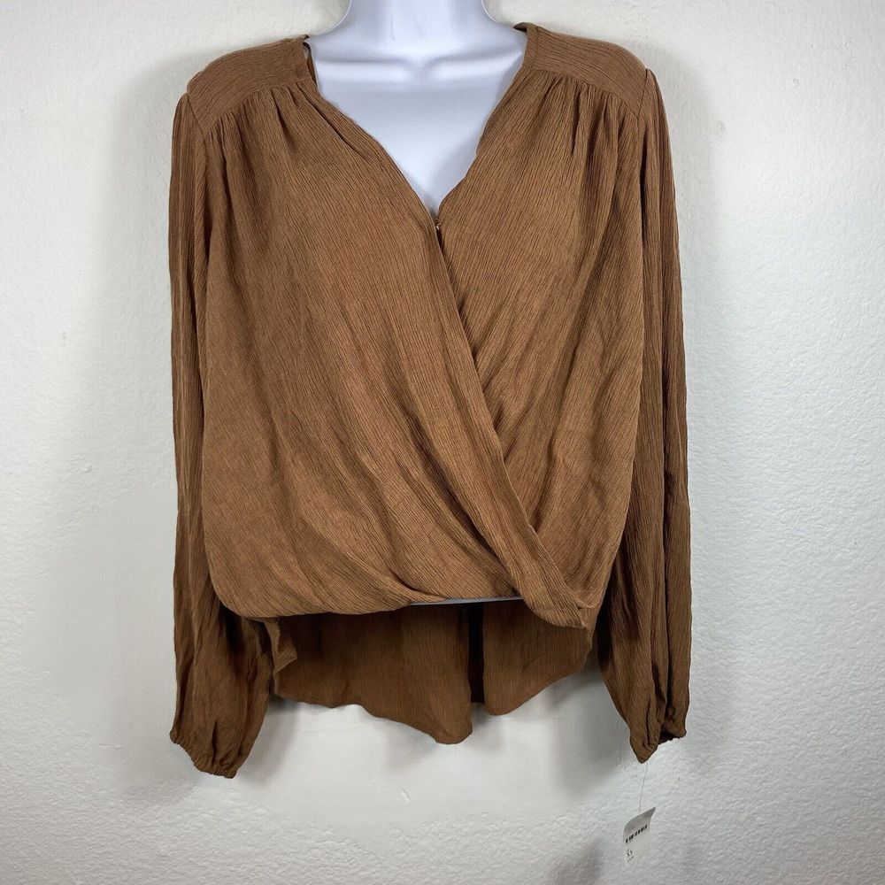 NWT Free People XS Blouse Bronze Balloon Sleeve Textured Crossover Top High Low